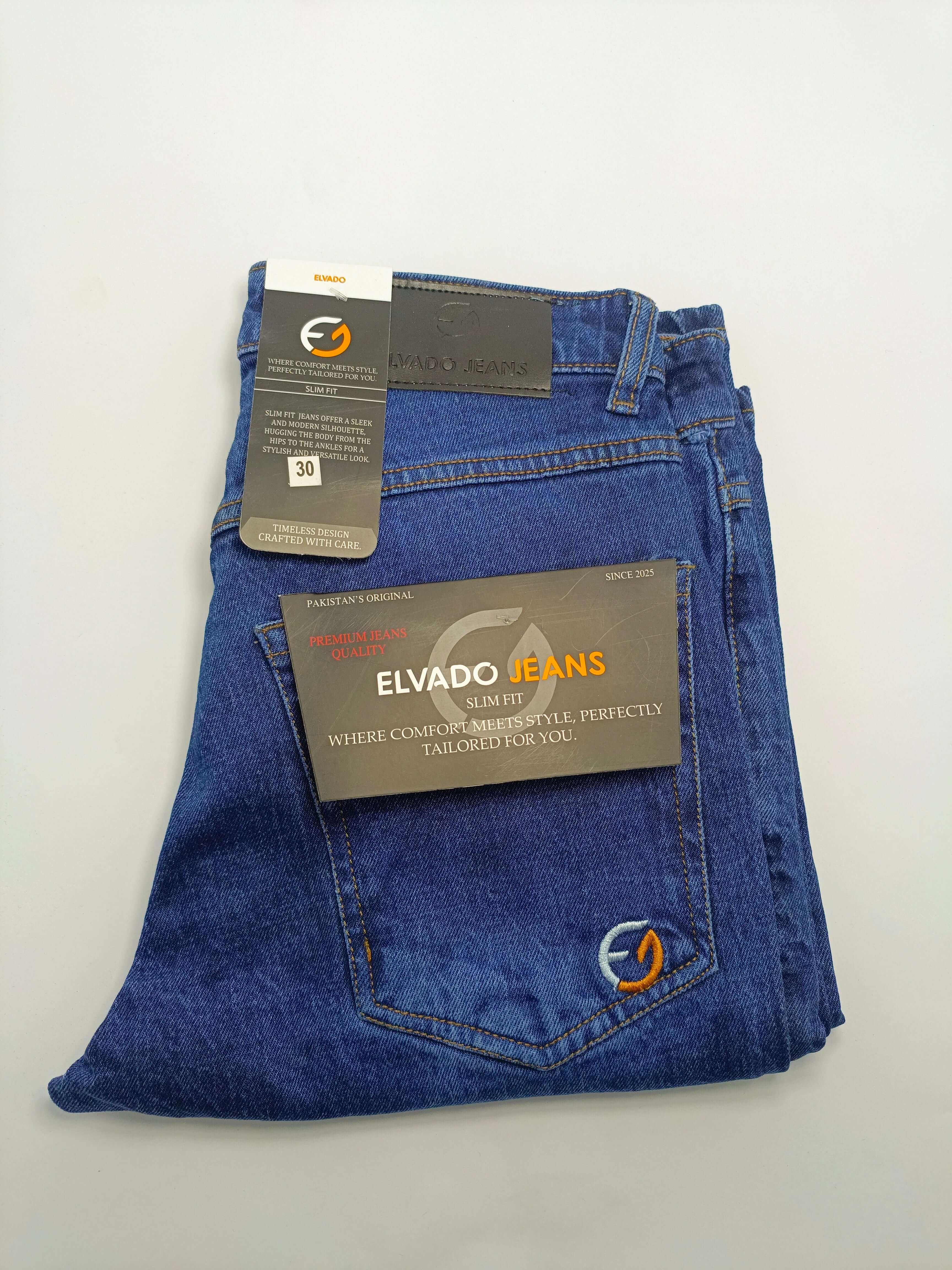 Dark Blue Denim - ELVADO JEANS slim fit cotton jeans with tags and logo, showcasing stretchy comfort and style.