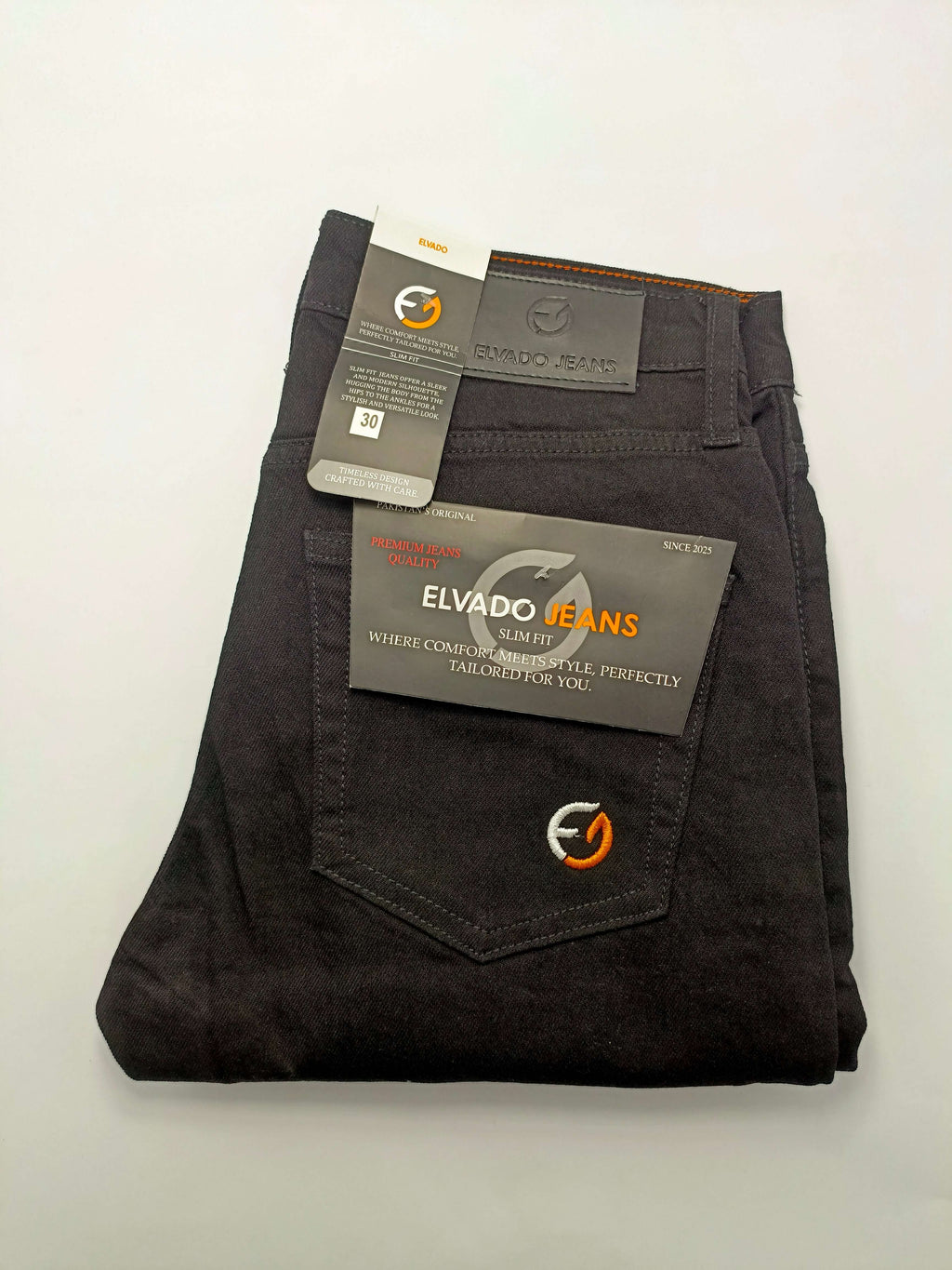 Premium Black Denim - ELVADO JEANS, slim fit, straight fit, cotton stretchy jeans, perfect blend of comfort and style.