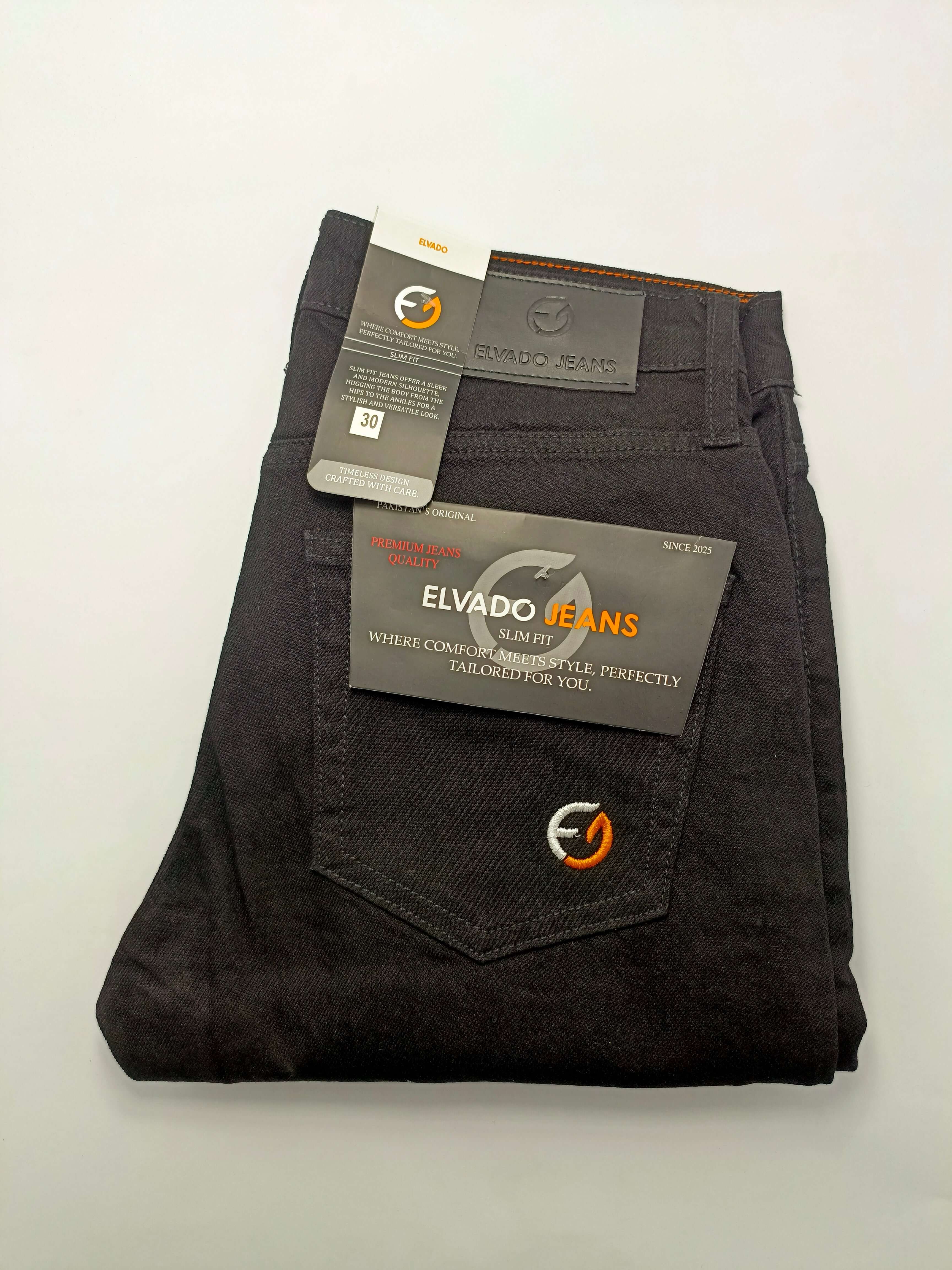 Premium Black Denim - ELVADO JEANS, slim fit, straight fit, cotton stretchy jeans, perfect blend of comfort and style.